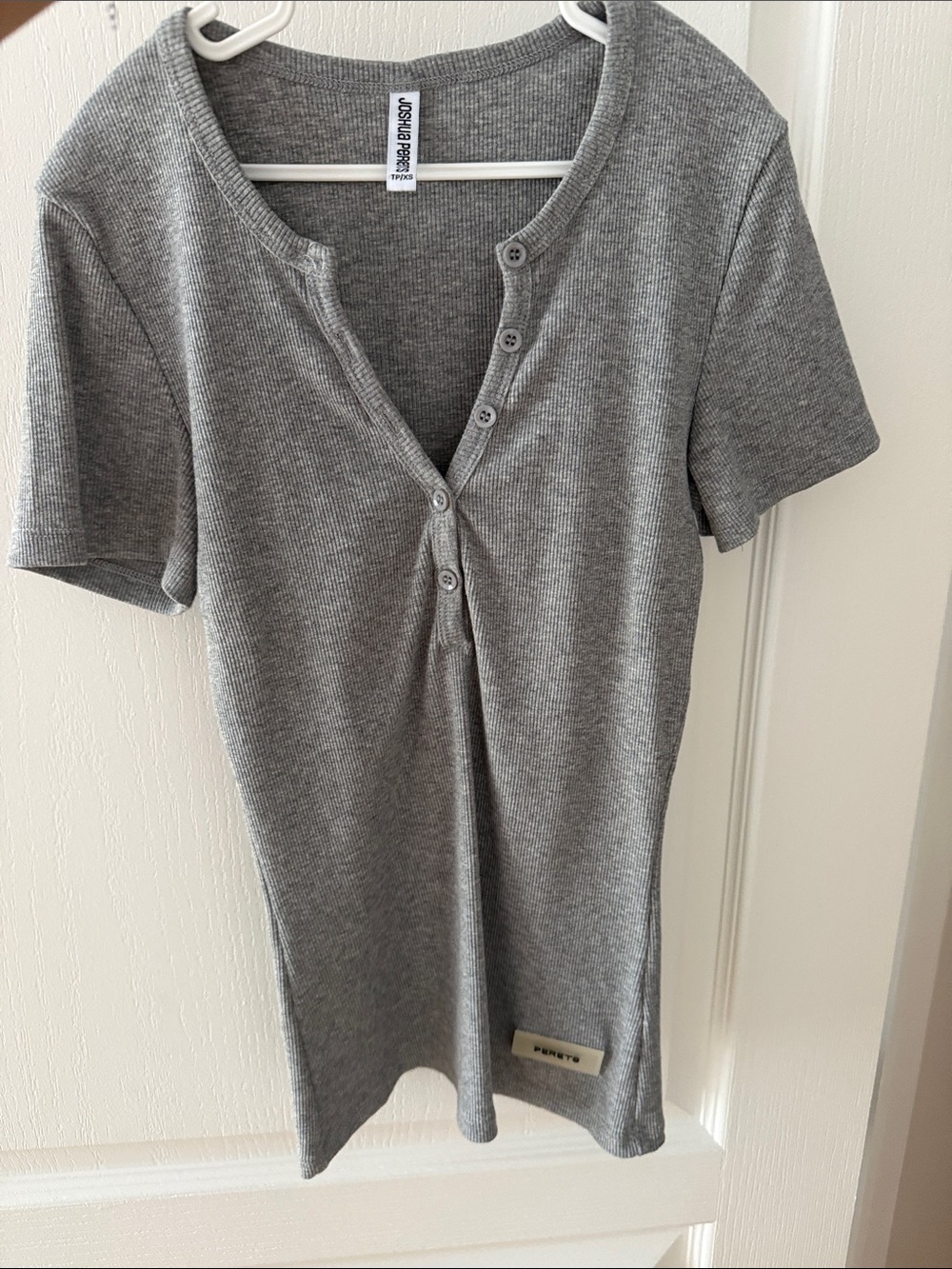 Unique Vintage Gray Ribbed Henley Sleep Tee - Short Sleeve